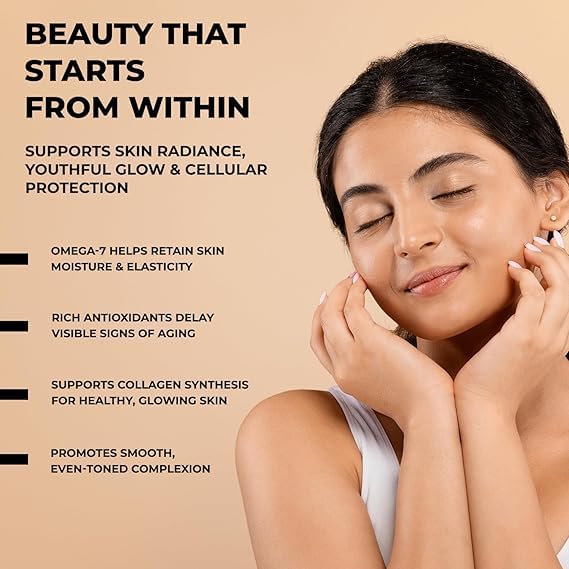 Woman touching her face with text about skincare benefits on a beige background