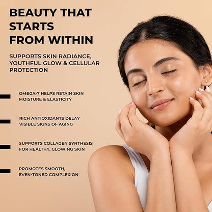 Woman touching her face with text about skincare benefits on a beige background