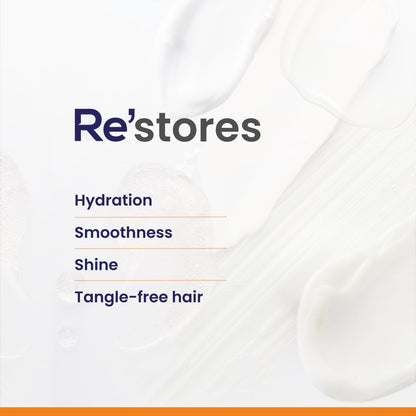 Product packaging with 'Re'stores' branding and hair care benefits listed.