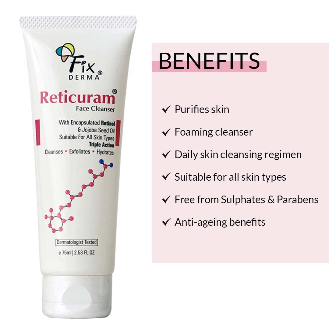 Fixderma 0.05% Retinol Reticuram Face Cleanser for All Skin Types, Anti Ageing, Retinol Face Cleanser, Regulates Sebum Production, Deep Pore Cleansing, Soap Free face wash with jojoba oil - 75ml