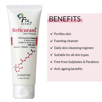 Fixderma 0.05% Retinol Reticuram Face Cleanser for All Skin Types, Anti Ageing, Retinol Face Cleanser, Regulates Sebum Production, Deep Pore Cleansing, Soap Free face wash with jojoba oil - 75ml