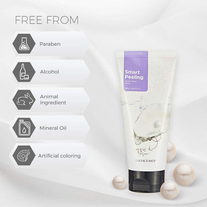 Tube of 'Smart Peeling' product with icons indicating free-from ingredients on a light gray background.