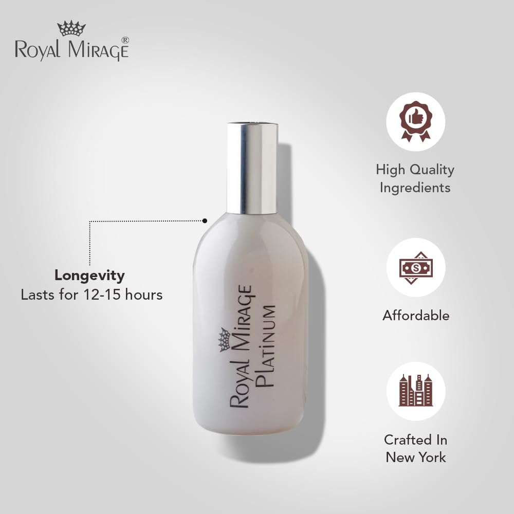 Royal Mirage Platinum Eau de Cologne | Long Lasting Perfume for Men & Women | Floral & Woody Fragrance | Bergamot, Jasmine & Sandalwood Notes | Unisex EDC | 120ml