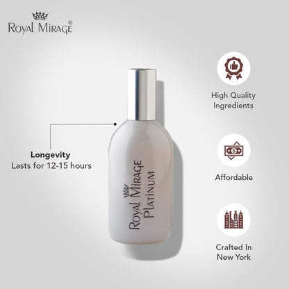 Royal Mirage Platinum Eau de Cologne | Long Lasting Perfume for Men & Women | Floral & Woody Fragrance | Bergamot, Jasmine & Sandalwood Notes | Unisex EDC | 120ml