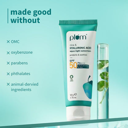 Plum Cica&Hyaluronic Acid Aqua-Light Sunscreen Spf 50 Pa+++|No White Cast,Lightweight,Non-Sticky|Dermat Tested|Protects&Soothes|All Skin Types|Sunscreen For Women&Men|100% Vegan|50 G