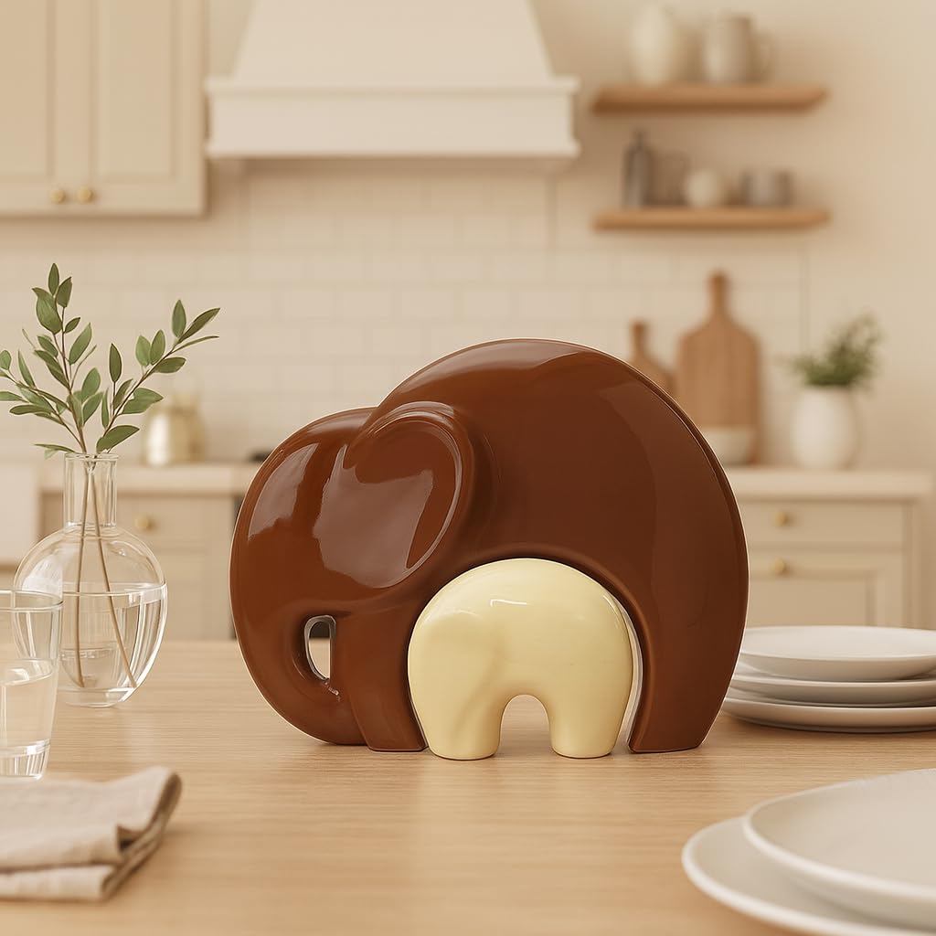 Home Décor Lucky Charm Elephant Mother & Child | Piano Finish Ceramic Figures - (Set of 2 Piece, Brown and Cream)