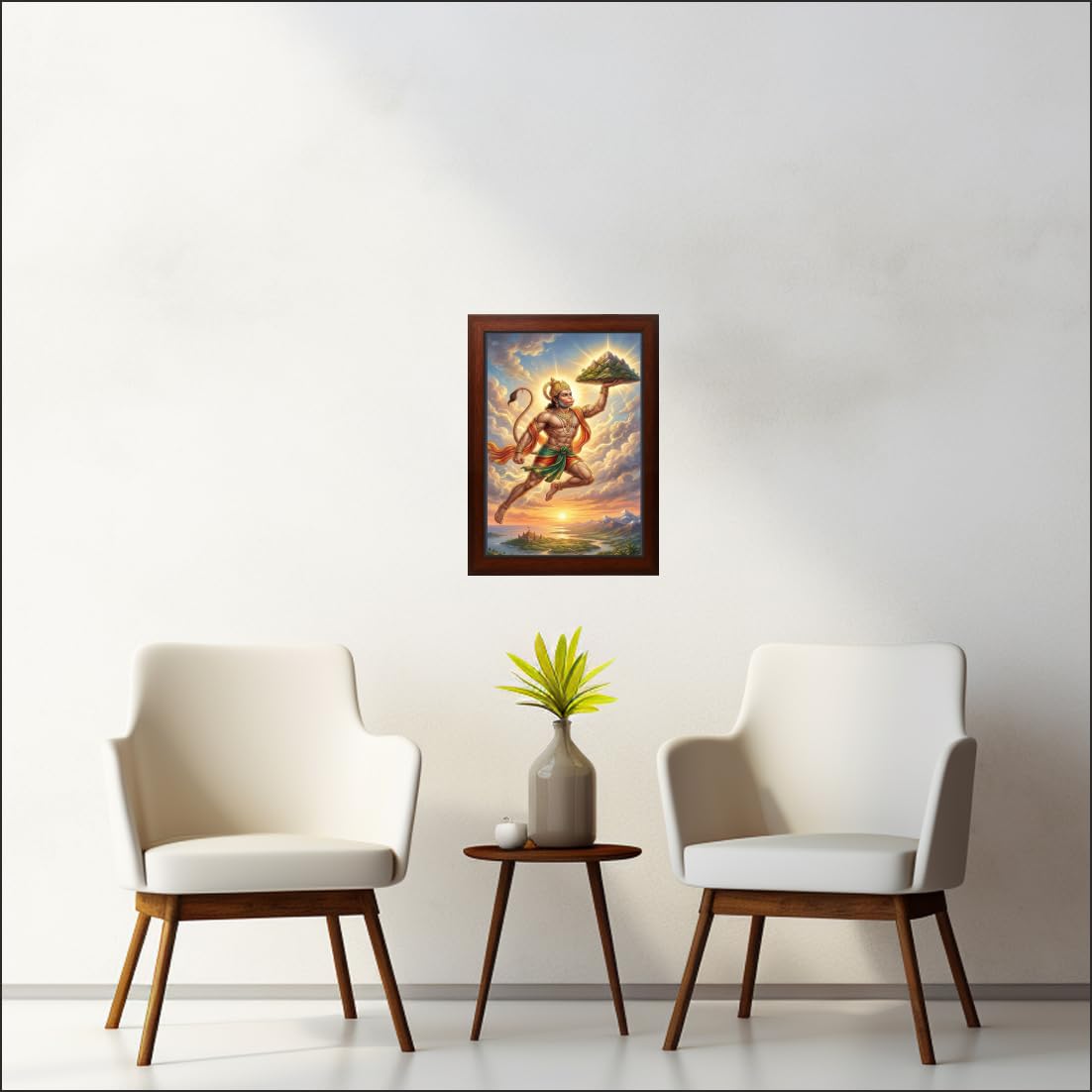 Hanuman Carrying the Sanjeevani Mountain Wall Art | Brown Frame | 10 x 13.5 Inch