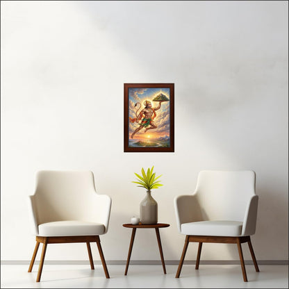 Hanuman Carrying the Sanjeevani Mountain Wall Art | Brown Frame | 10 x 13.5 Inch