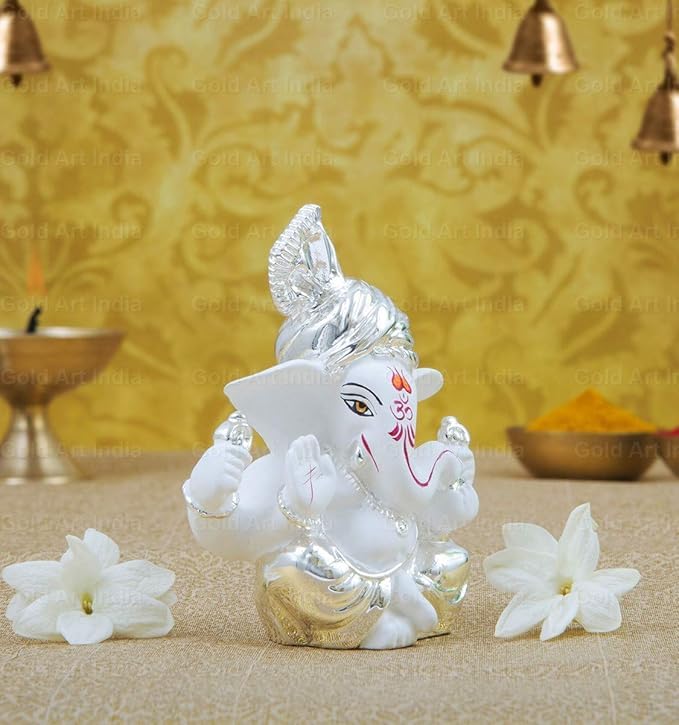Gold Art India Silver Plated Pagdi Ganesh Idol for Car Dashboard Ganesha Murti Ganpati Idol for Home Decor Puja Lord Ganesh Statue Gift for Office Desk Ganpati Idol for Pooja Room White Figurine