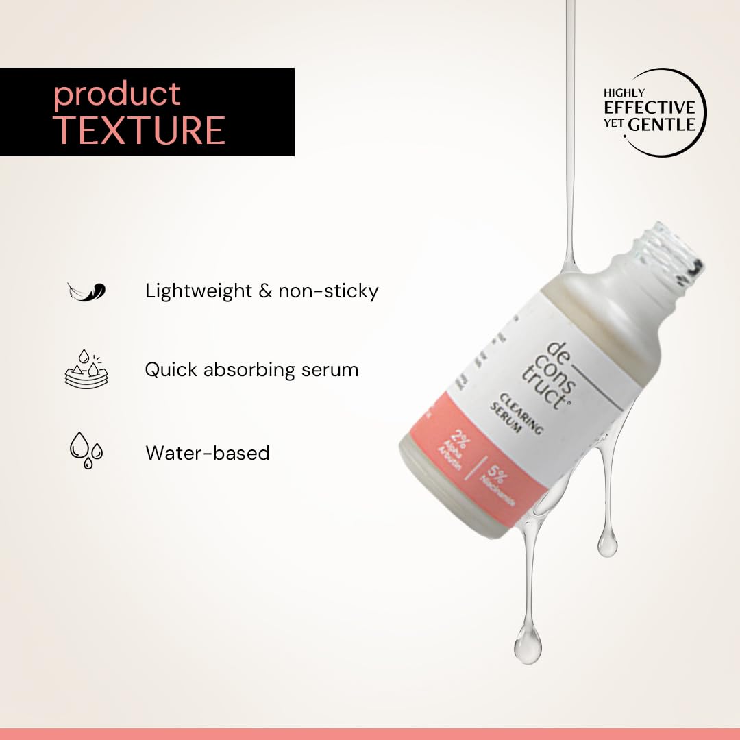 Bottle of deconstruct cleansing serum with product texture information on a white background