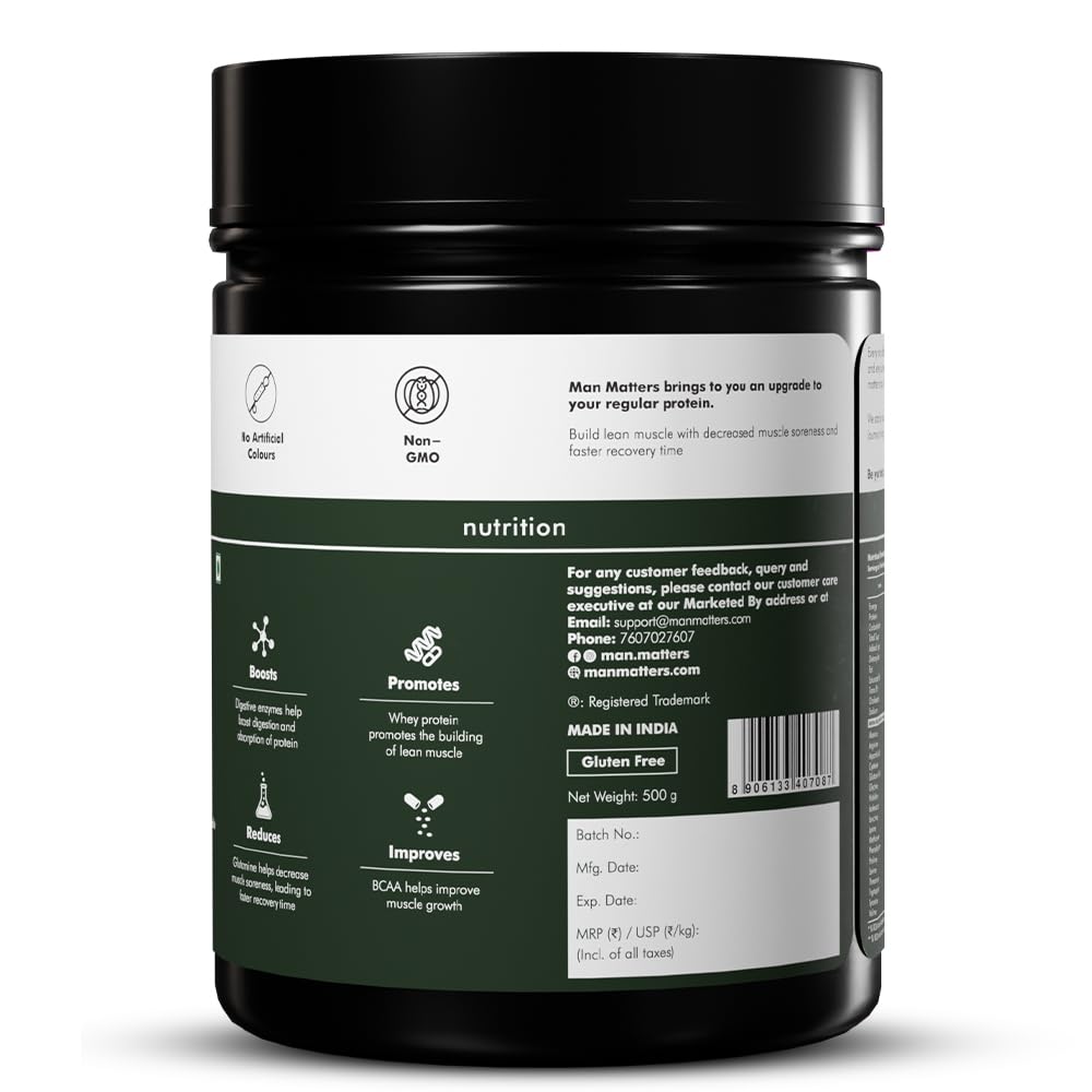 Man Matters Whey Protein Powder | 24g Protein Per Serving | Muscle Growth & Recovery | 100% Vegetarian | No Added Sugar | No Bloating | Double Chocolate Flavour | 500gm