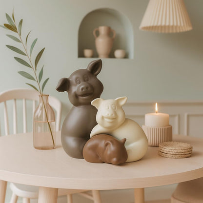 Home Décor Teddy Piggy Family Matte Finish Ceramic Figurines - (Set of 3, Matte Brown)