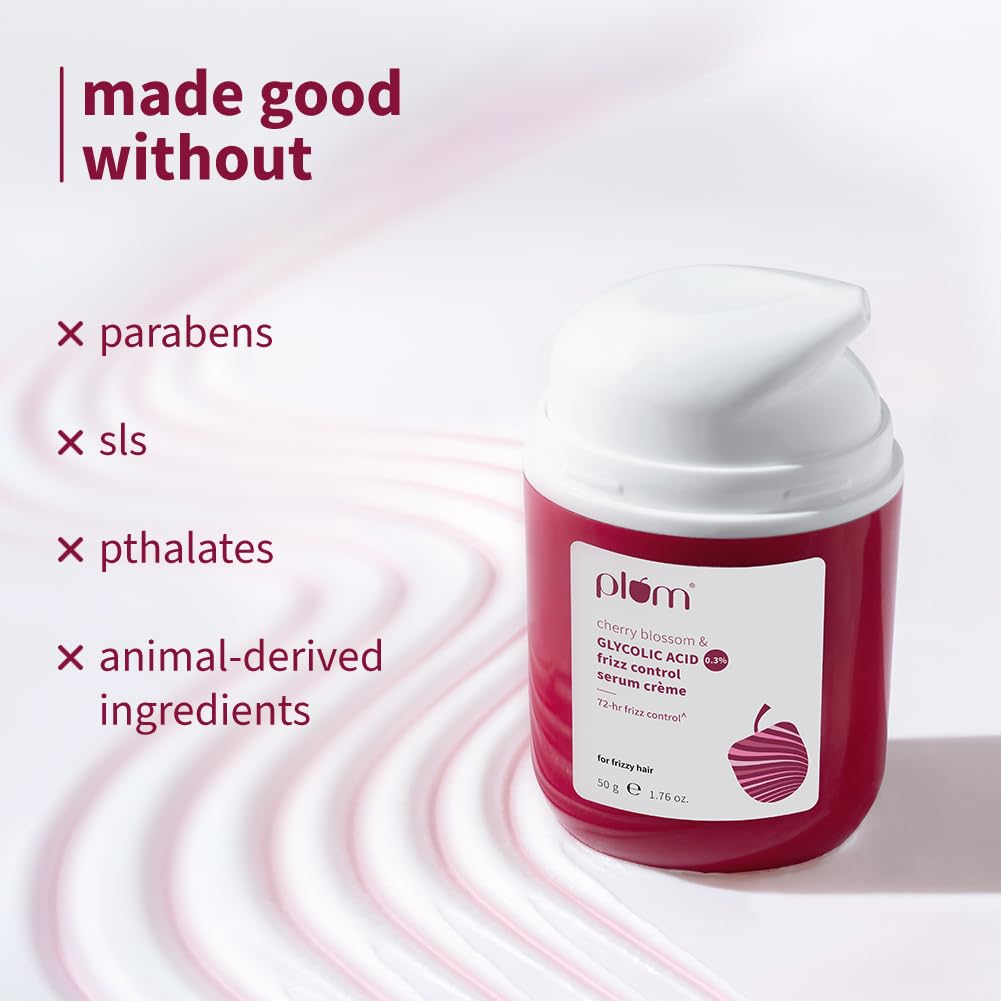 Plum Cherry Blossom & 0.3% Glycolic Acid Frizz Control Hair Serum Crème | 72-hr humidity-proof | Tames frizzy hair | Leave-in Hair Serum | Heat & UV protection | 50g
