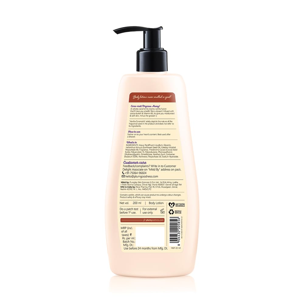 Plum BodyLovin' Vanilla Caramello Body Lotion | Cocoa Butter & Vitamin B5 for Deep Moisturization | Non-Greasy | Soft & Glowing Skin | for Dry to Very Dry Skin | Warm & Cozy Vanilla Fragrance – 200ml | Exclusively Available on Amazon