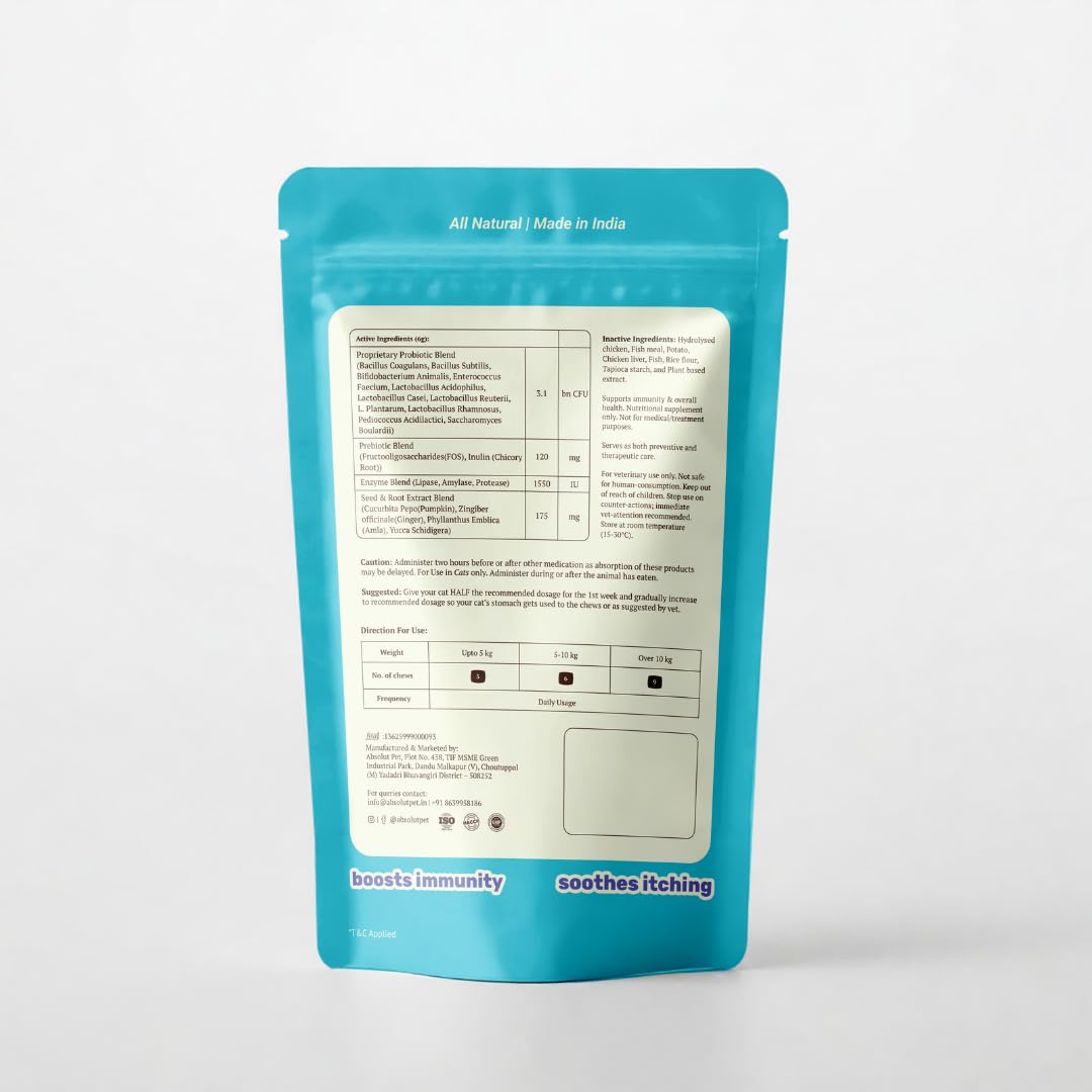 Absolut Pet Probiotic Chews for Cats, Gut Health & Itch Relief | 30 Chews | Probiotic support for feline digestion & balanced gut flora; helps reduce scratching, paw-licking & itching in cats.