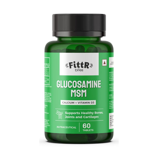 FittR Bites Glucosamine Tablets for Joint Support Supplement| with MSM Calcium & Vitamin D3 | Cartilage and Bone Health supplement, 60 Tablets, (Pack of 1, 60)