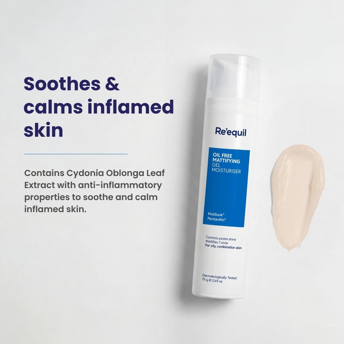 Re'equil skincare product with text about soothing and calming inflamed skin on a light gray background