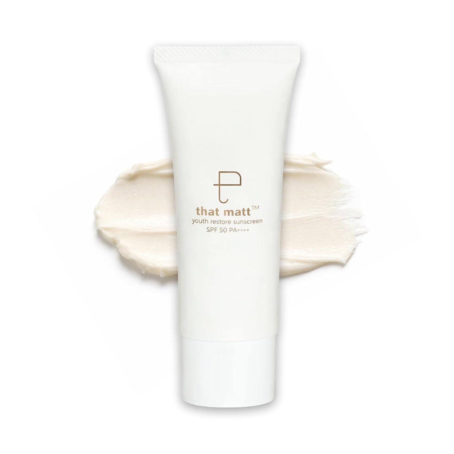 Tube of 'that matt' sunscreen with a swatch of cream on a white background