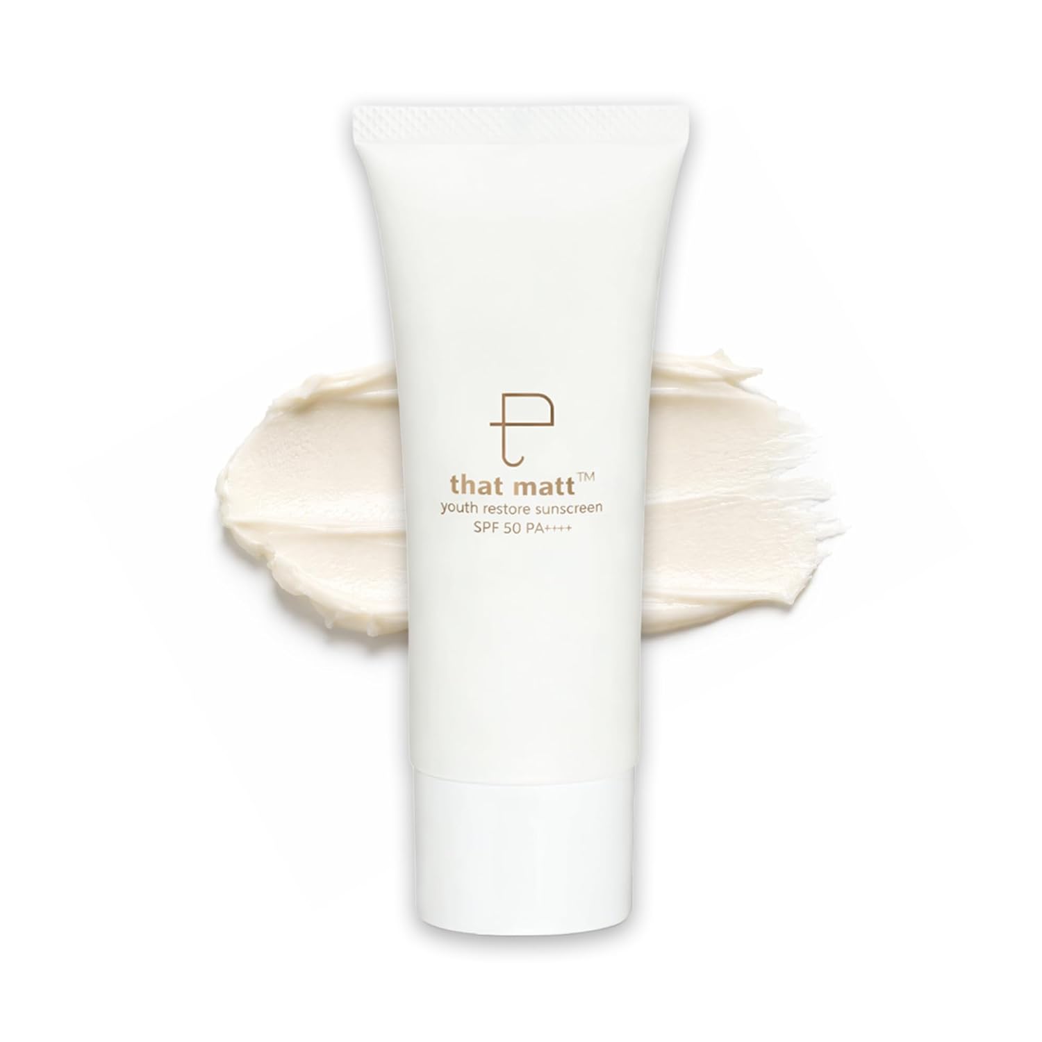 Tube of 'that matt' sunscreen with a swatch of cream on a white background
