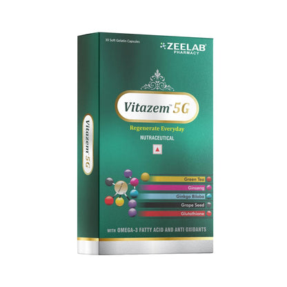 Vitazem 5G nutritional supplement packaging with Zeelab Pharmacy branding on a white background