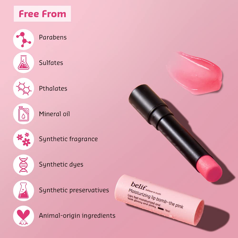 Lip balm with 'belif' branding on a pink background, featuring ingredient-free list.