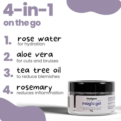 Jar of Intelligent Magic Gel with ingredients listed on a white background