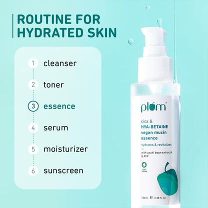 Plum Cica & HYA-BETAINE Vegan Mucin Essence | Intense Hydration, Soothing & Rejuvenation | with Azuki Bean Extracts & ATP | Light, Quick-Absorbing & Non-Sticky | All Skin Types | Women & Men | 100ml