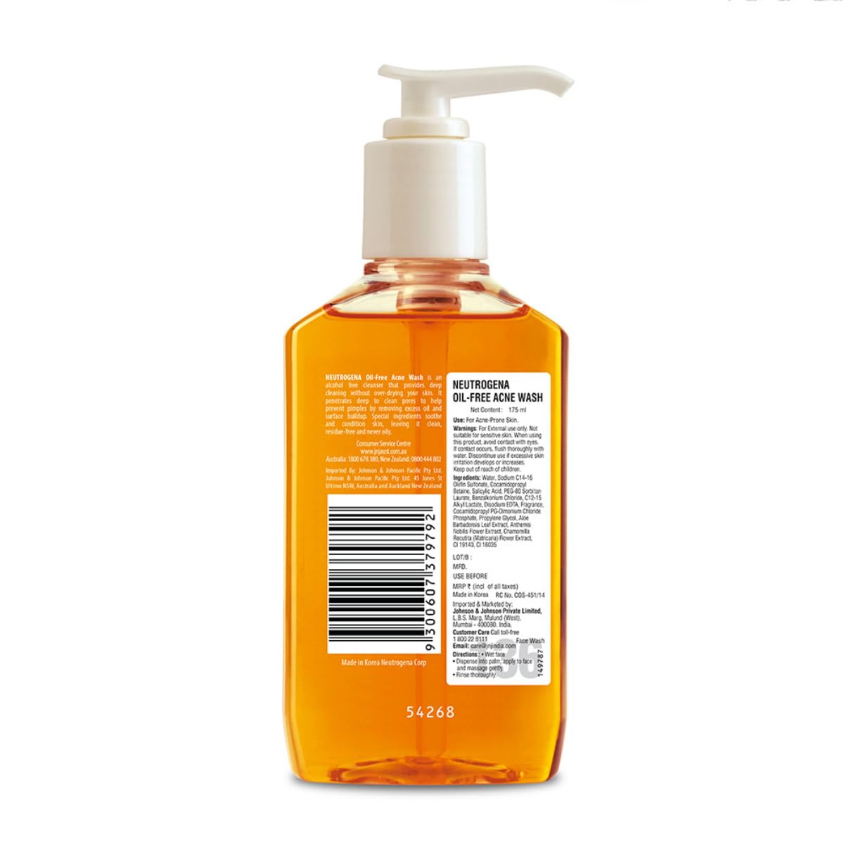 Neutrogena oil-free acne wash bottle with pump on a white background
