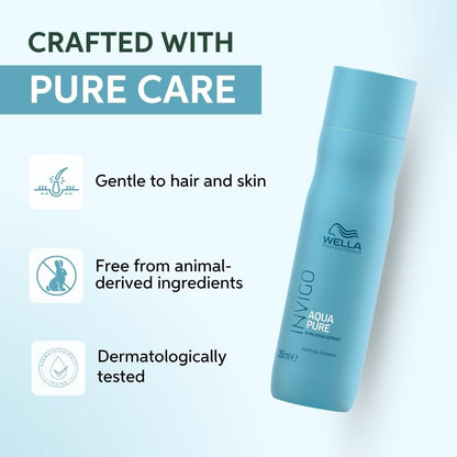 Wella Invigo Aqua Pure shampoo bottle with 'Crafted with Pure Care' text and icons on a light blue background