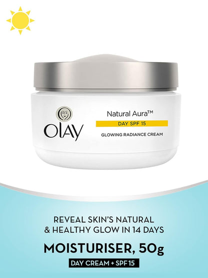 Olay Natural Aura Day Cream with SPF 15 | Glowing Radiance Cream | With Niacinamide and Vitamin E | Normal, Oily, Dry, Combination Skin | 50g
