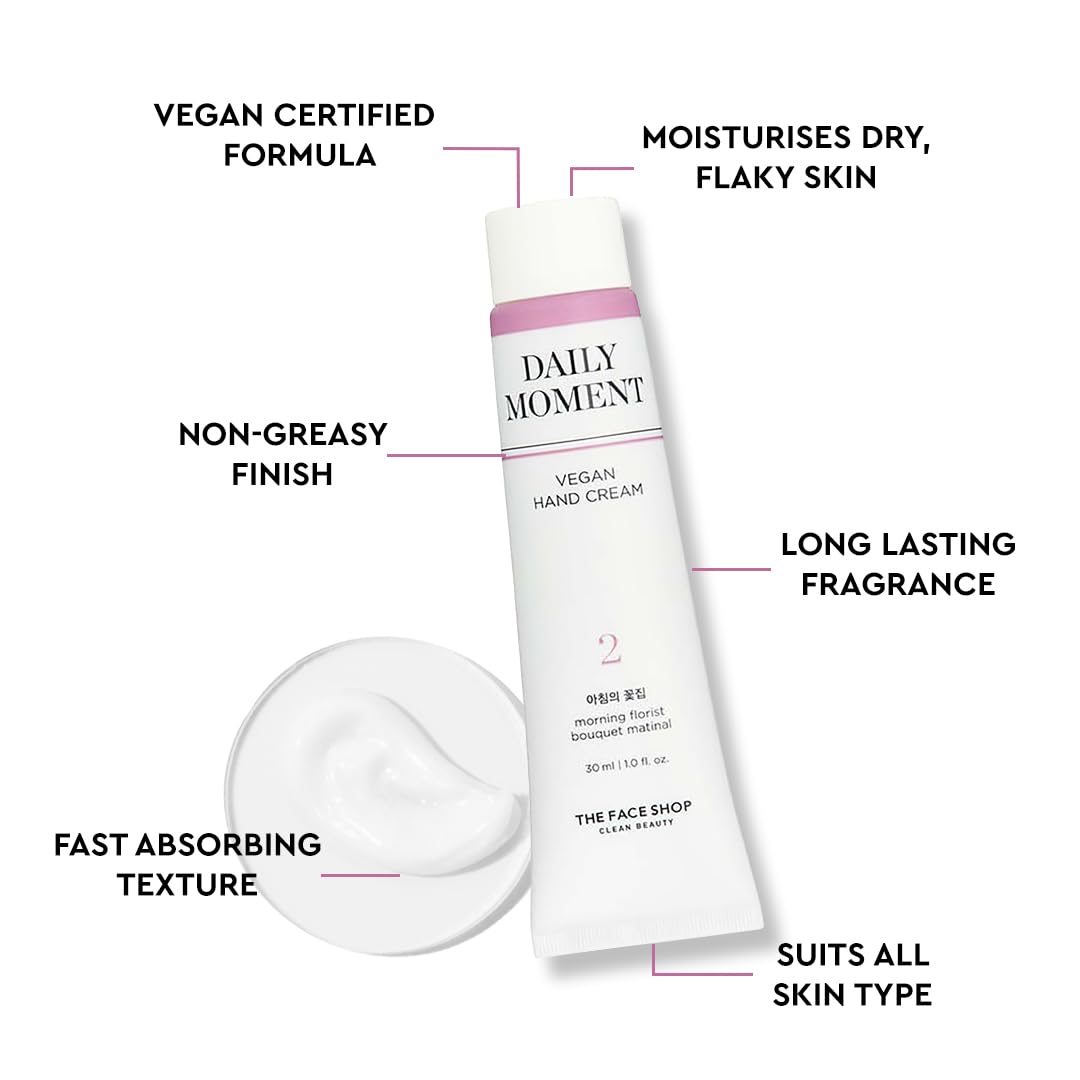 Daily Moment hand cream with features listed on a white background