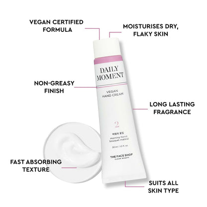 Daily Moment hand cream with features listed on a white background