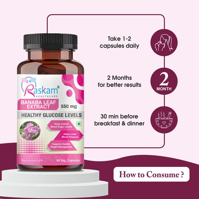 Raskam Healthcare Banaba Leaf Extract supplement bottle with usage instructions on a pink background