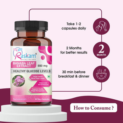 Raskam Healthcare Banaba Leaf Extract supplement bottle with usage instructions on a pink background