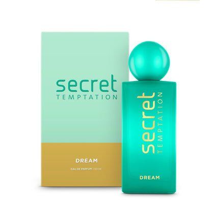 Turquoise 'Secret Temptation' perfume bottle and packaging on a white background