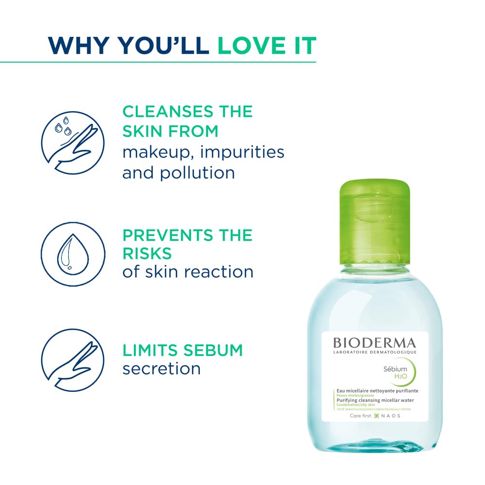 Bioderma skincare product with benefits listed on a white background