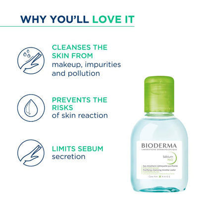 Bioderma skincare product with benefits listed on a white background