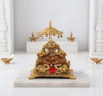 Metal Singhasan Traditional Deity Throne with Elephant Carving Antique Gold Finish & Red Velvet Cushion for Mandir& janmashtami - 6.5 Inch