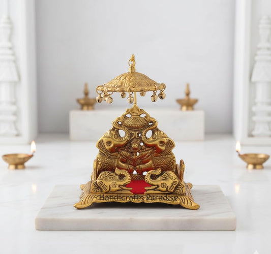Metal Singhasan Traditional Deity Throne with Elephant Carving Antique Gold Finish & Red Velvet Cushion for Mandir& janmashtami - 6.5 Inch