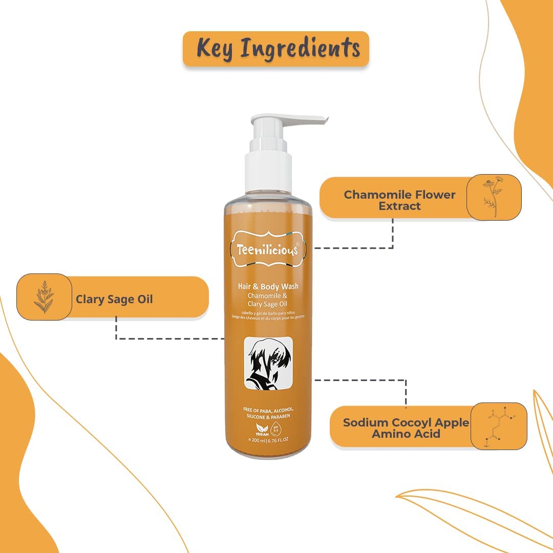 Teenilicious Hair & Body Wash With Chamomile & Clary Sage Oil | Body Wash For Men & Women | Free From Alcohol, Silicones, Paraben & Sulphates | All Skin & Hair Type - 200ml