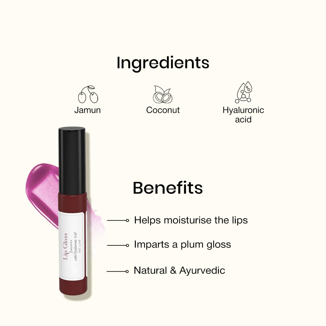 Sadhev Ayurvedic Jamun Lip Gloss With Hyaluronic Acid & Jamun | Soft Berry Glossy Shine | Hydrates, Plumps & Nourishes (5 ml)