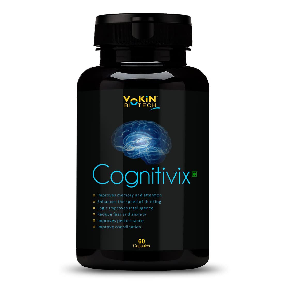Black bottle of Cognitivix supplement with brain graphic and Yokin Biotech branding on a white background