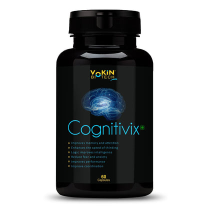 Black bottle of Cognitivix supplement with brain graphic and Yokin Biotech branding on a white background
