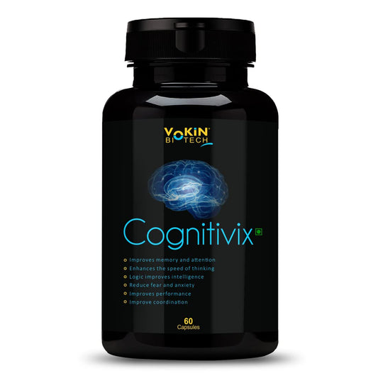 Black bottle of Cognitivix supplement with brain graphic and Yokin Biotech branding on a white background