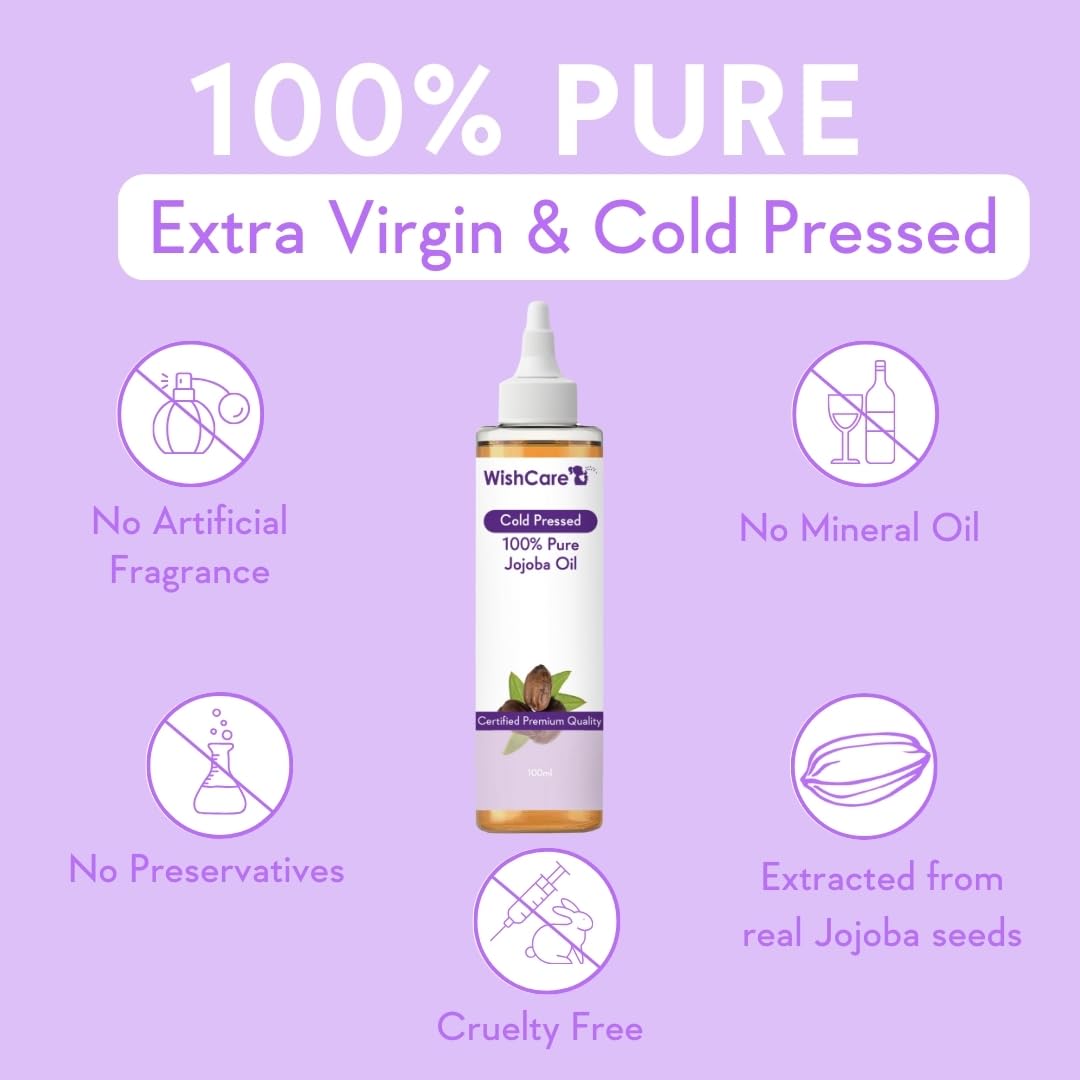 WishCare Jojoba oil bottle with purity claims on a purple background