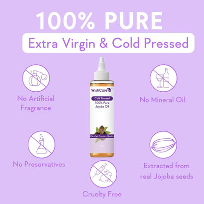 WishCare Jojoba oil bottle with purity claims on a purple background