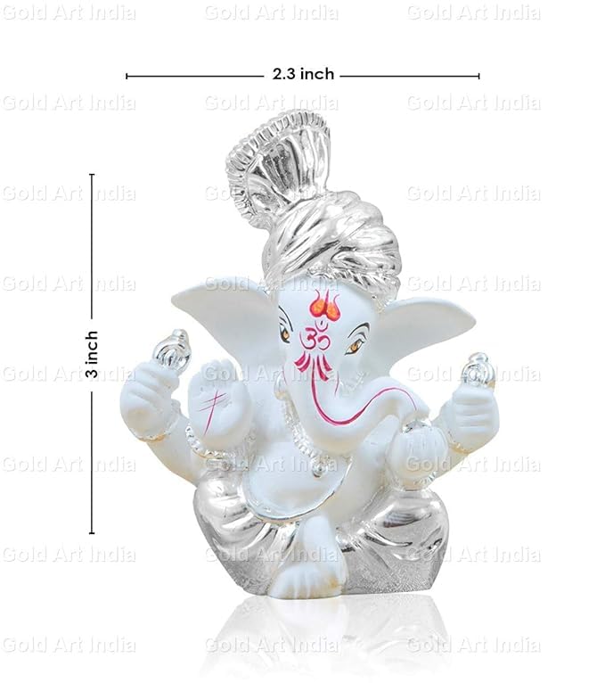 Gold Art India Silver Plated Pagdi Ganesh Idol for Car Dashboard Ganesha Murti Ganpati Idol for Home Decor Puja Lord Ganesh Statue Gift for Office Desk Ganpati Idol for Pooja Room White Figurine