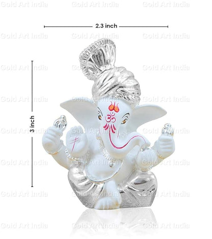 Gold Art India Silver Plated Pagdi Ganesh Idol for Car Dashboard Ganesha Murti Ganpati Idol for Home Decor Puja Lord Ganesh Statue Gift for Office Desk Ganpati Idol for Pooja Room White Figurine