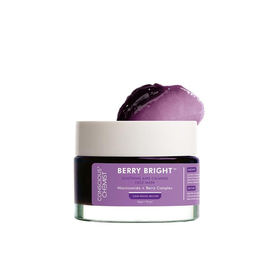 Cosmetic jar labeled 'Berry Bright' with a purple cream on a white background