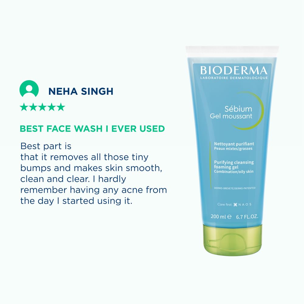 Bioderma Sebium gel moussant with a five-star review by Neha Singh on a white background